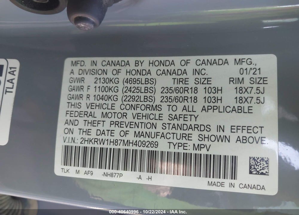 2021 HONDA CR-V 2WD EX-L VIN: 2HKRW1H87MH409269