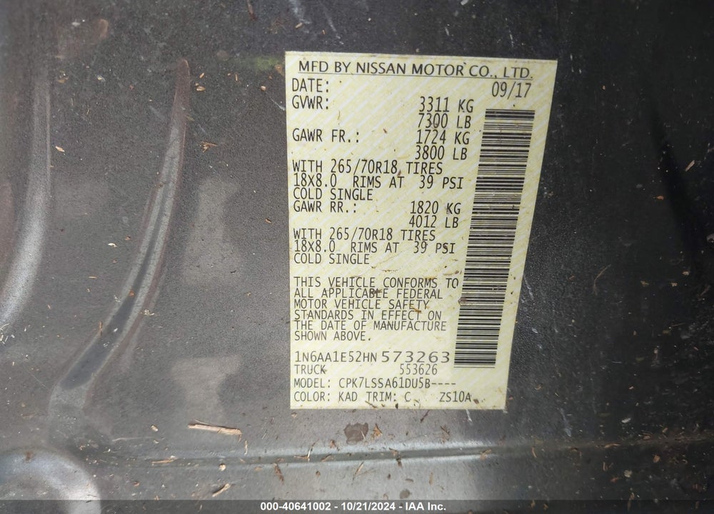 2017 NISSAN TITAN VIN: 1N6AA1E52HN573263