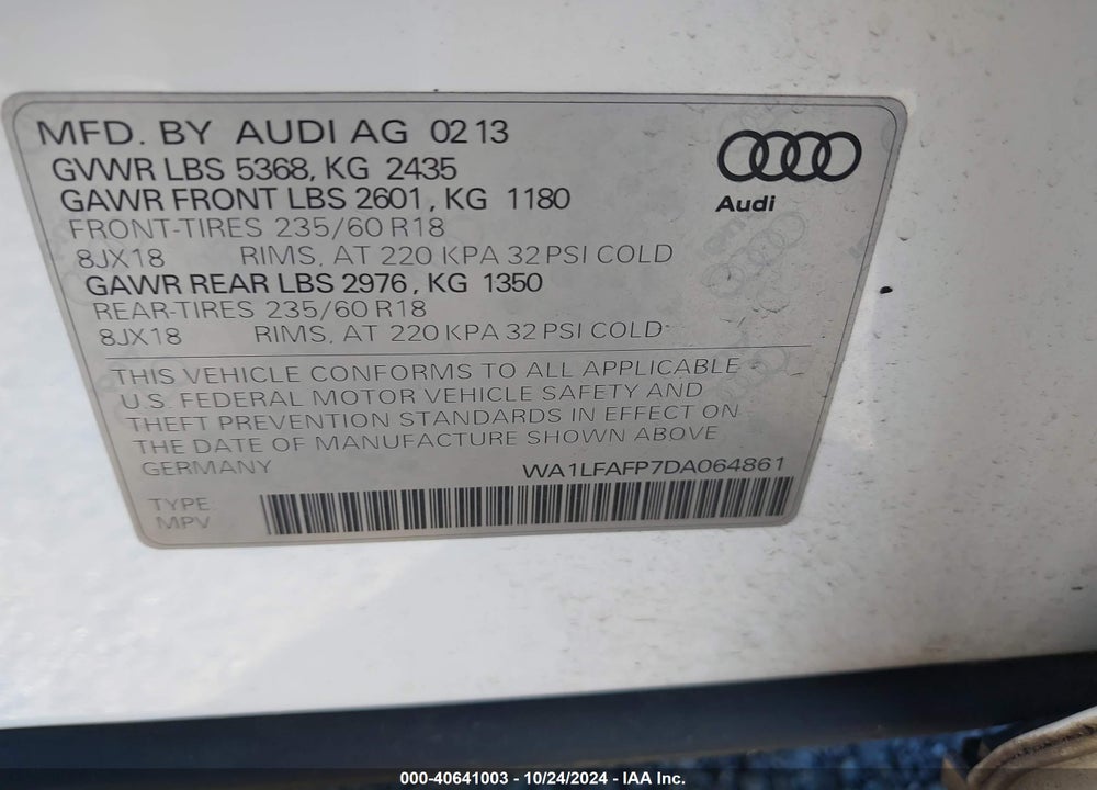 2013 AUDI Q5 2.0T PREMIUM VIN: WA1LFAFP7DA064861