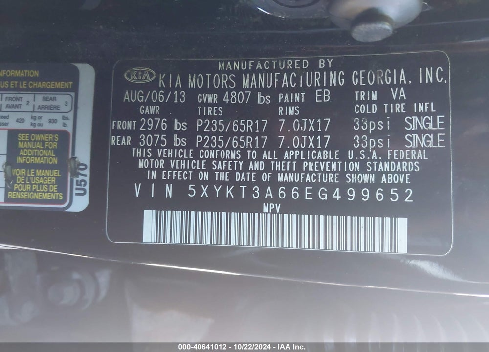 2014 KIA SORENTO LX VIN: 5XYKT3A66EG499652