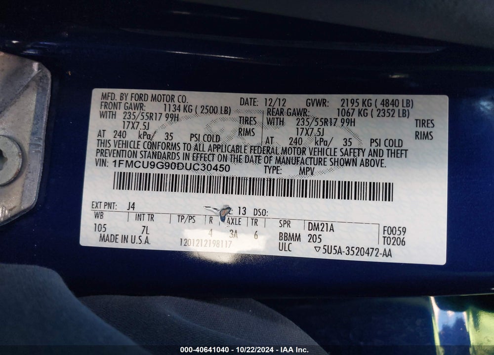 2013 FORD ESCAPE SE VIN: 1FMCU9G90DUC30450