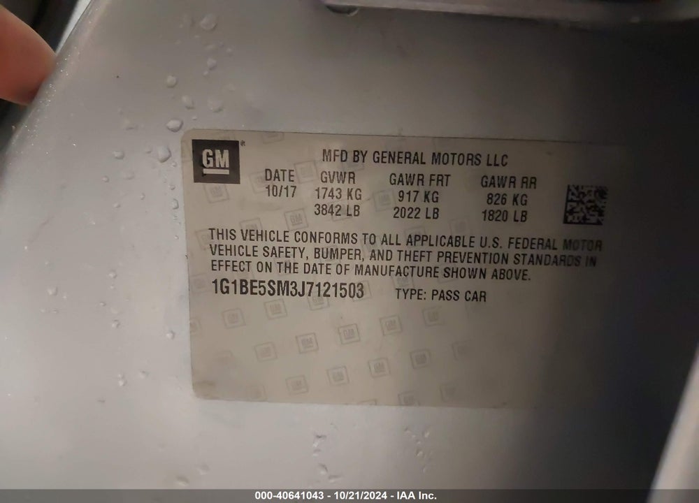 2018 CHEVROLET CRUZE LT AUTO VIN: 1G1BE5SM3J7121503