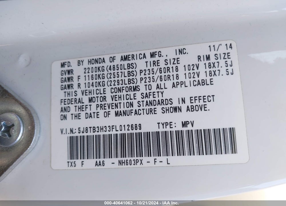 2015 ACURA RDX VIN: 5J8TB3H33FL012689