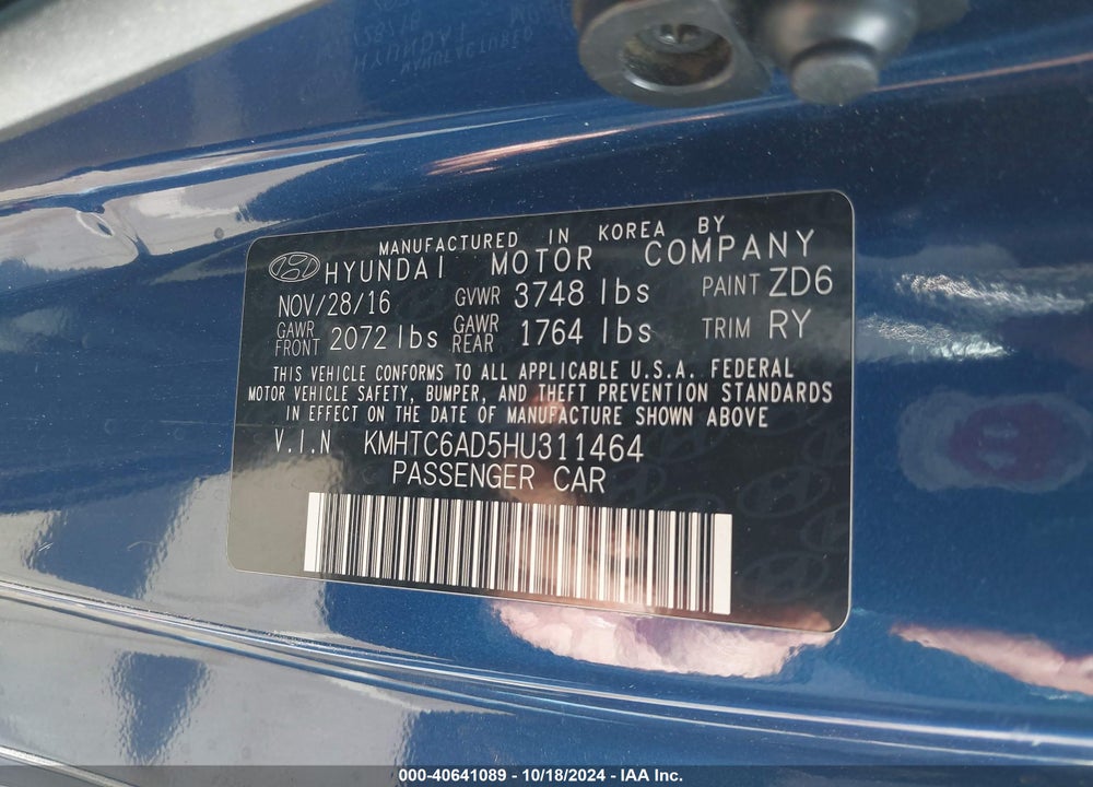 2017 HYUNDAI VELOSTER VIN: KMHTC6AD5HU311464