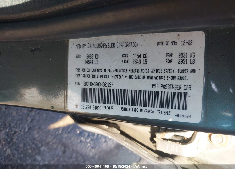 2003 DODGE INTREPID SE VIN: 2B3HD46R03H561207