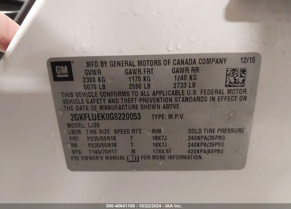 2016 GMC TERRAIN SLT VIN: 2GKFLUEK0G6220053