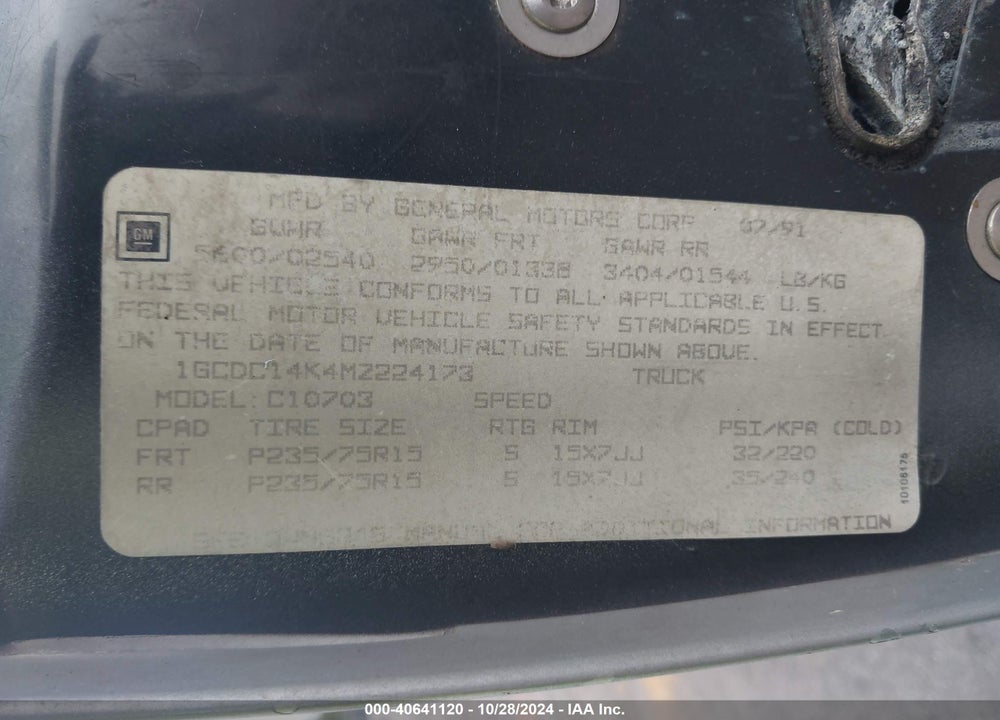 1991 CHEVROLET GMT-400 C1500 VIN: 1GCDC14K4MZ224173