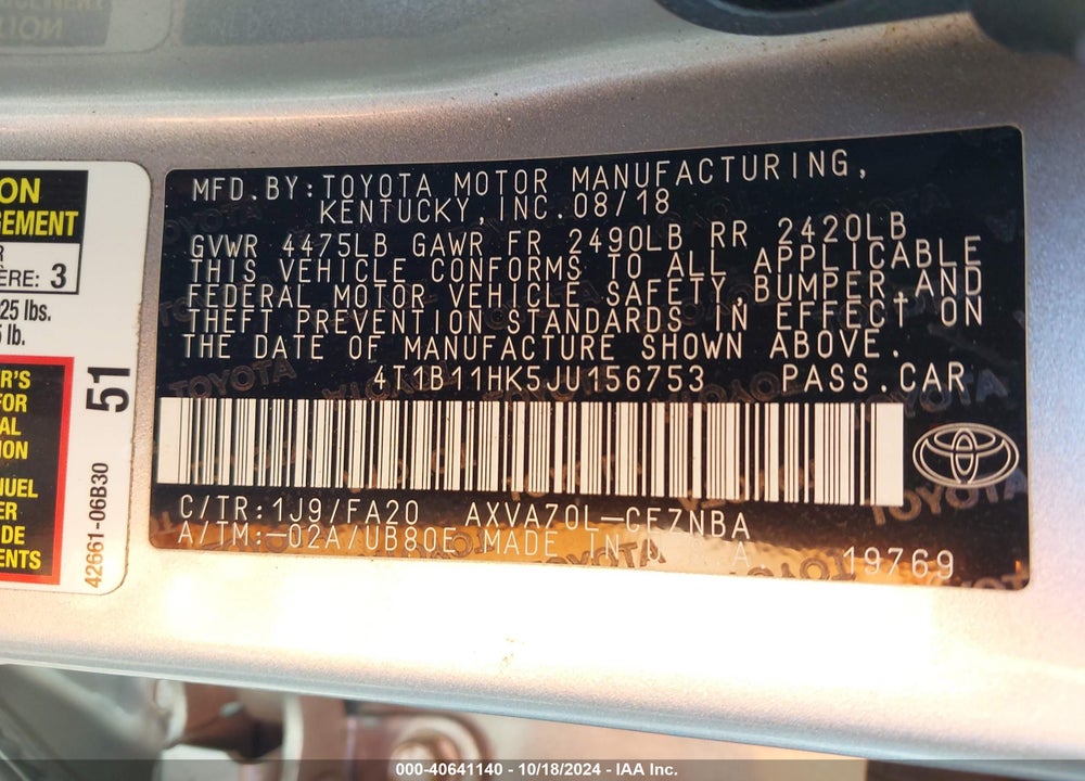 2018 TOYOTA CAMRY LE VIN: 4T1B11HK5JU156753