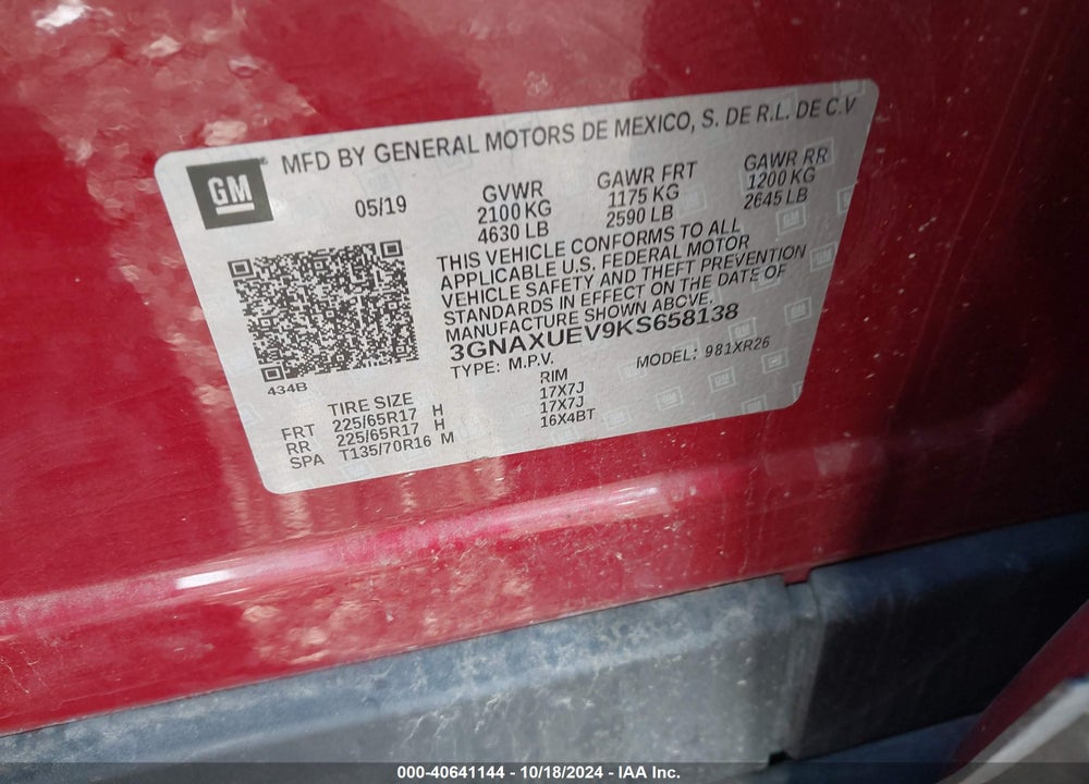 2019 CHEVROLET EQUINOX LT VIN: 3GNAXUEV9KS658138