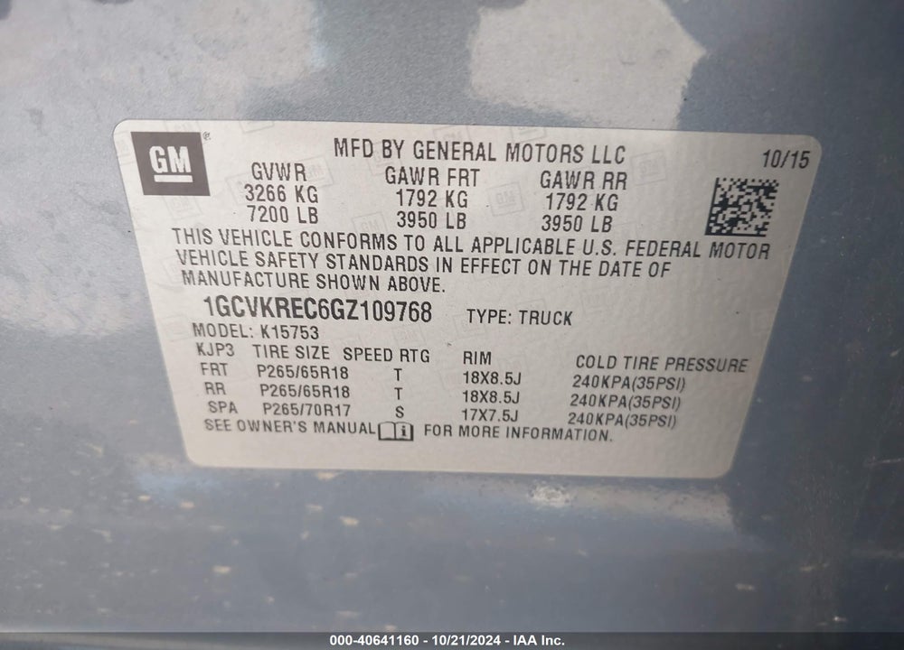 2016 CHEVROLET SILVERADO 1500 1LT VIN: 1GCVKREC6GZ109768