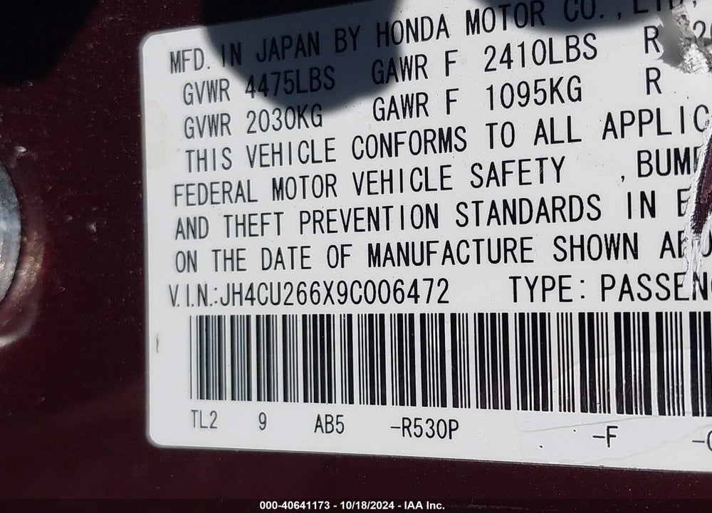 2009 ACURA TSX VIN: JH4CU266X9C006472
