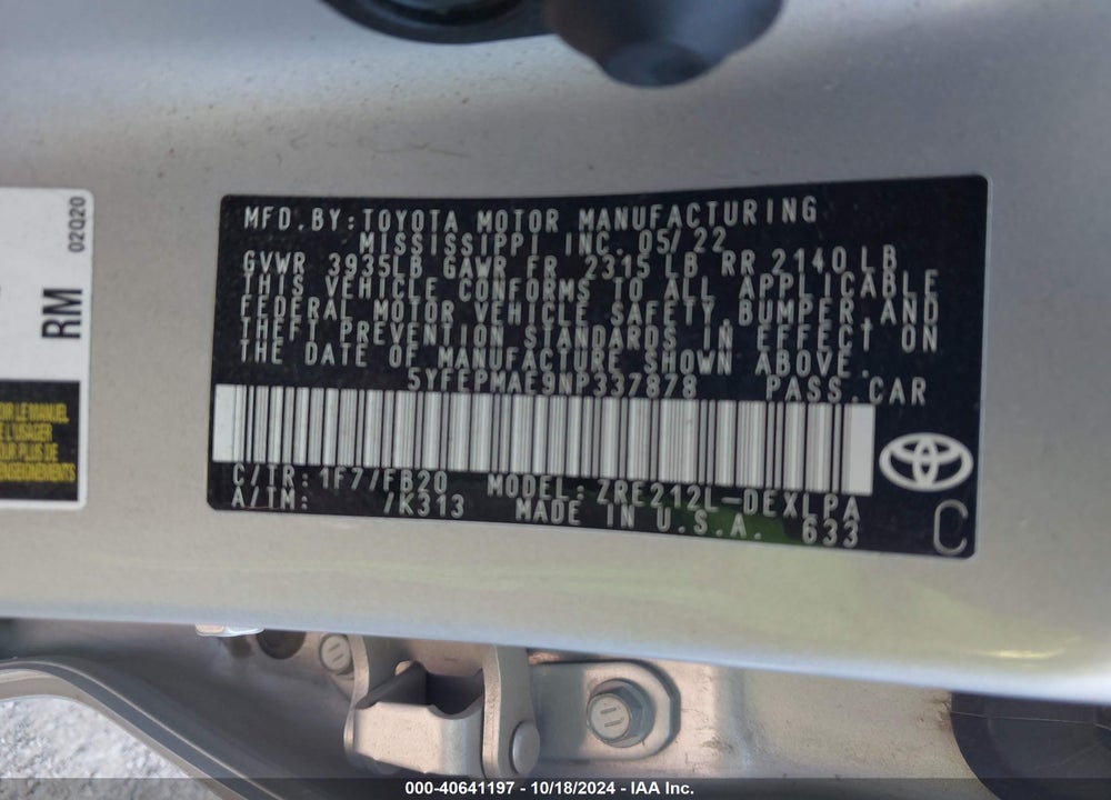 2022 TOYOTA COROLLA LE VIN: 5YFEPMAE9NP337878