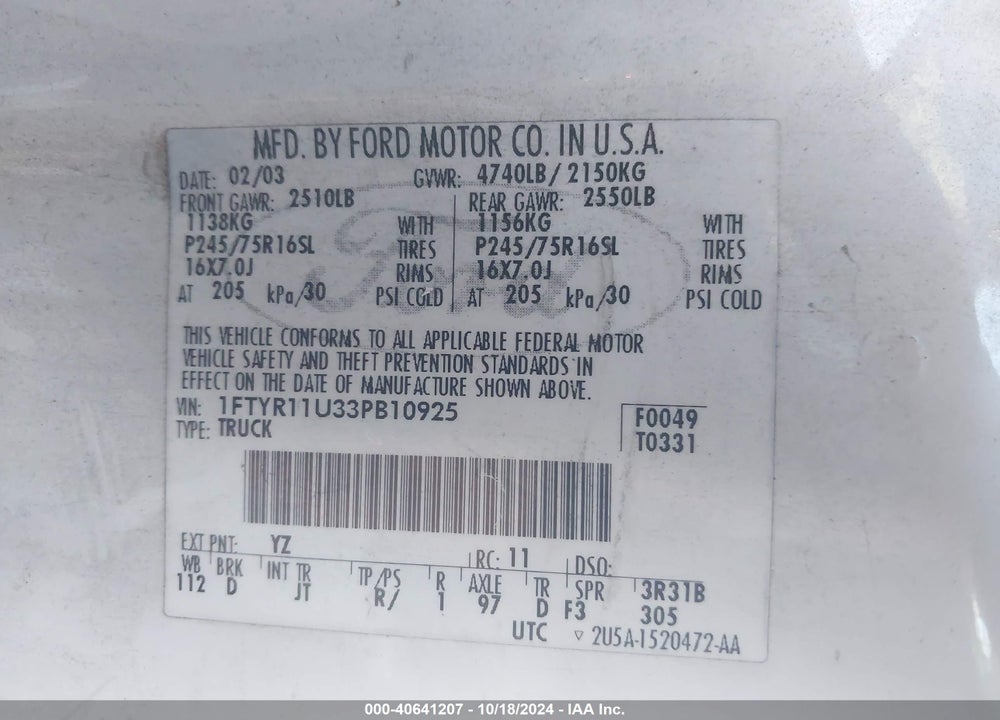 2003 FORD RANGER EDGE VIN: 1FTYR11U33PB10925