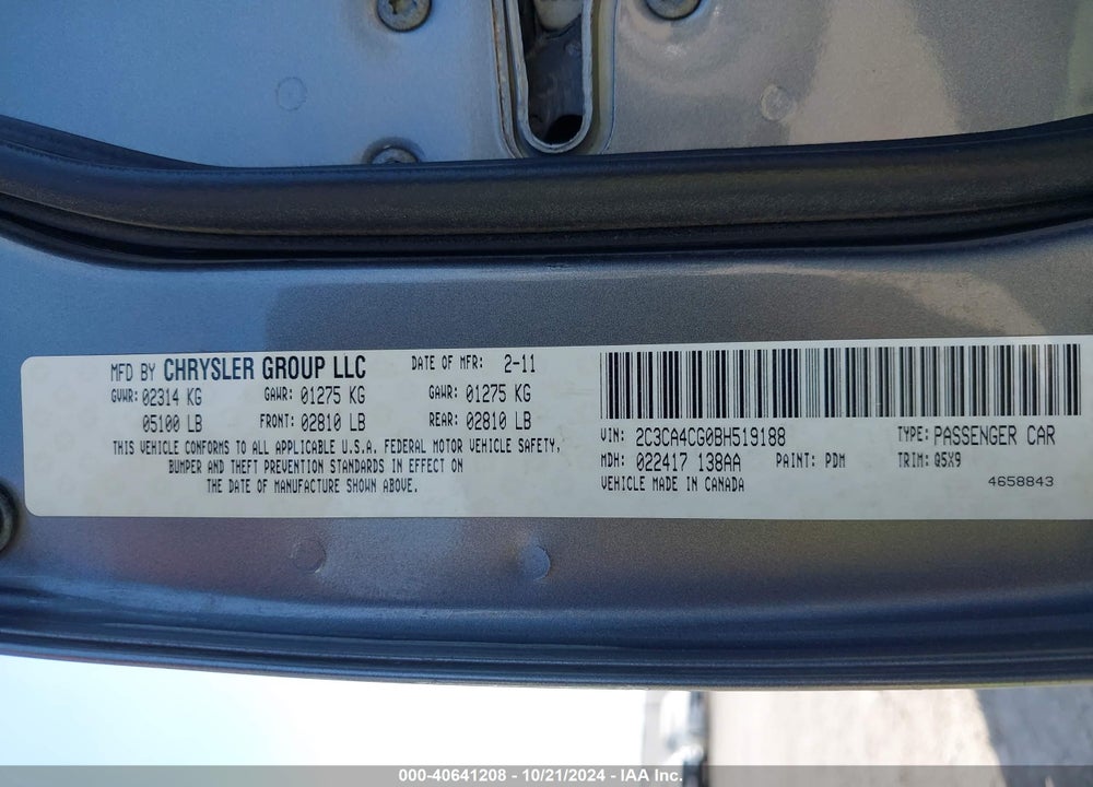 2011 CHRYSLER 300 VIN: 2C3CA4CG0BH519188