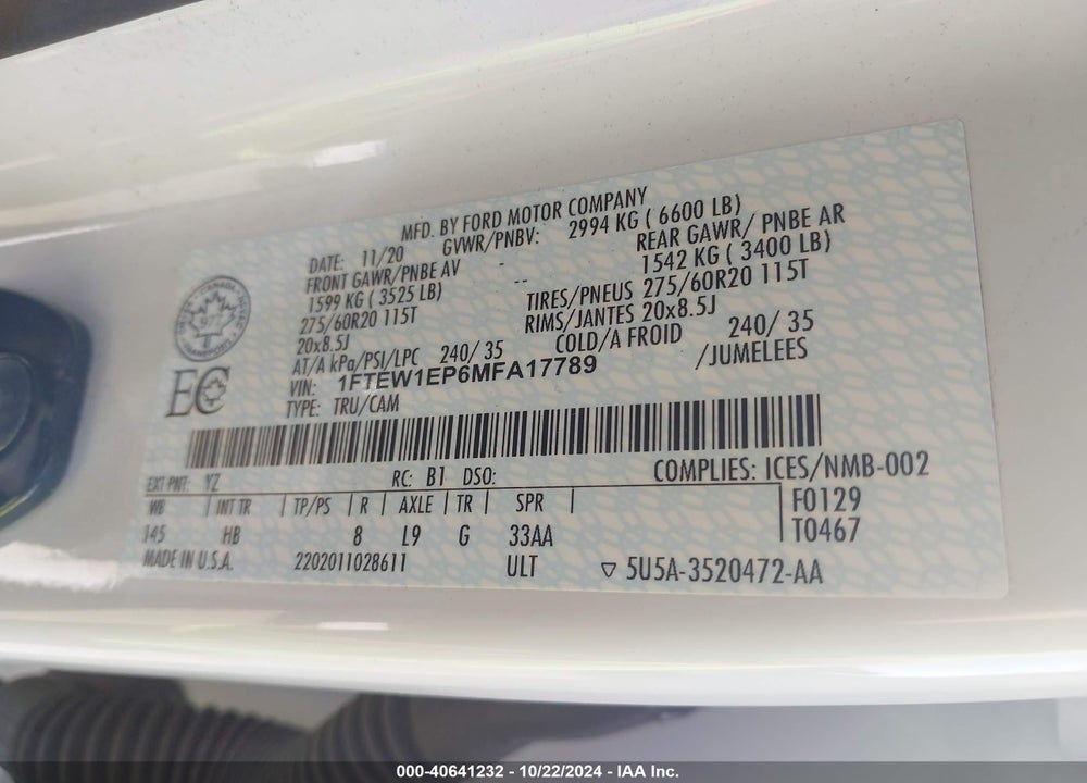 2021 FORD F-150 LARIAT VIN: 1FTEW1EP6MFA17789
