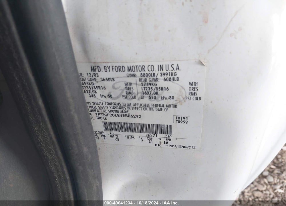 2004 FORD F-250 XL/XLT VIN: 1FTNF20L84EB86292