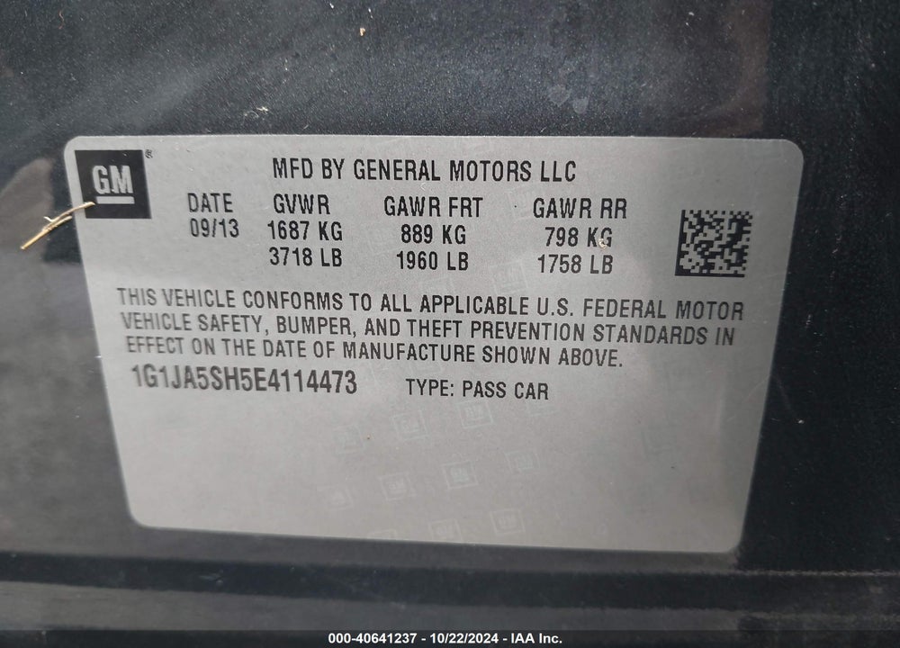2014 CHEVROLET SONIC LS AUTO VIN: 1G1JA5SH5E4114473