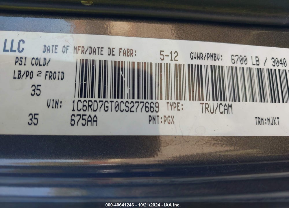 2012 RAM 1500 SLT VIN: 1C6RD7GT0CS277669