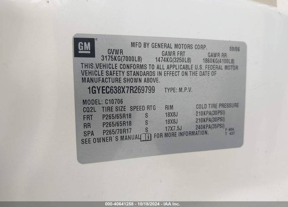 2007 CADILLAC ESCALADE STANDARD VIN: 1GYEC638X7R269799