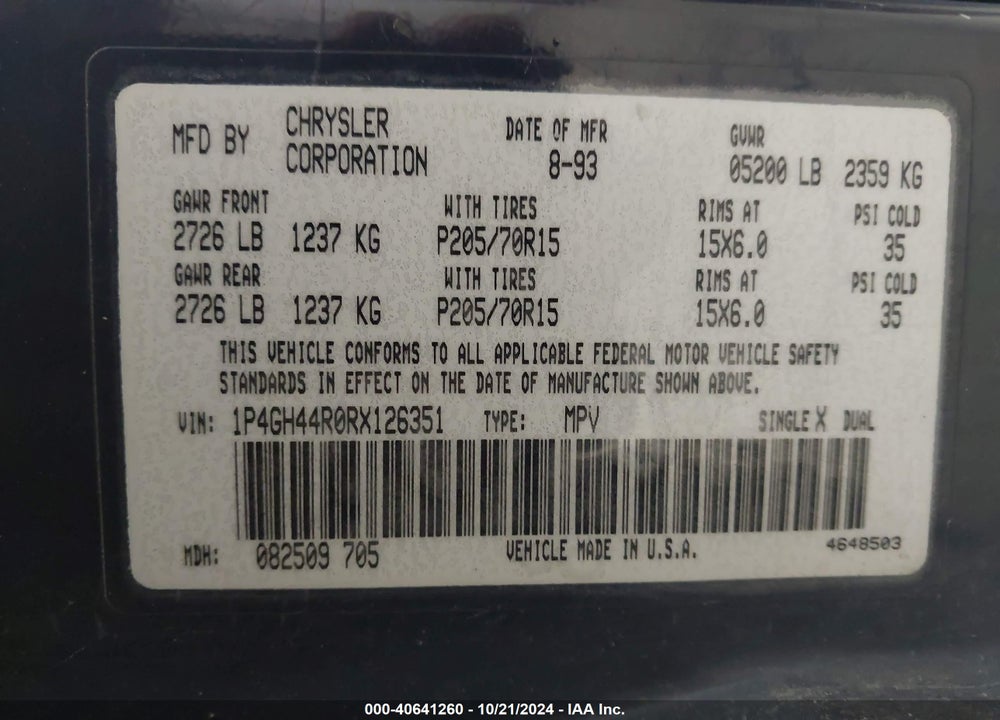 1994 PLYMOUTH GRAND VOYAGER SE VIN: 1P4GH44R0RX126351