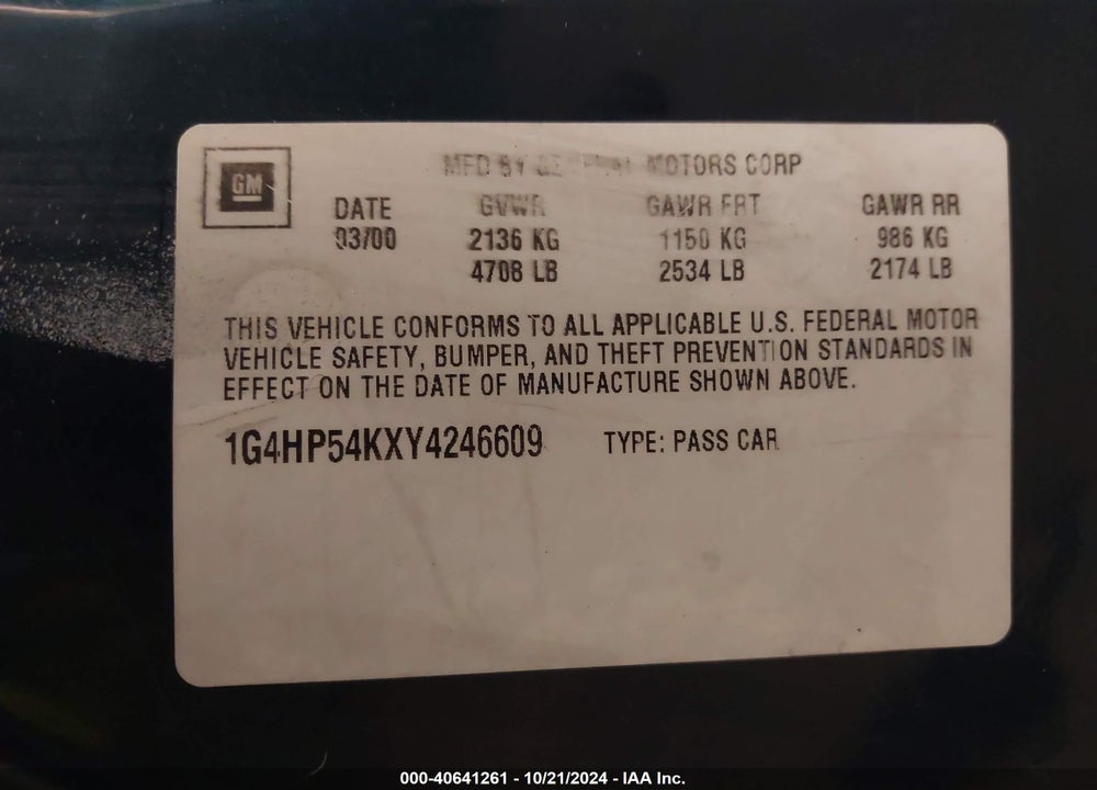 2000 BUICK LESABRE CUSTOM VIN: 1G4HP54KXY4246609