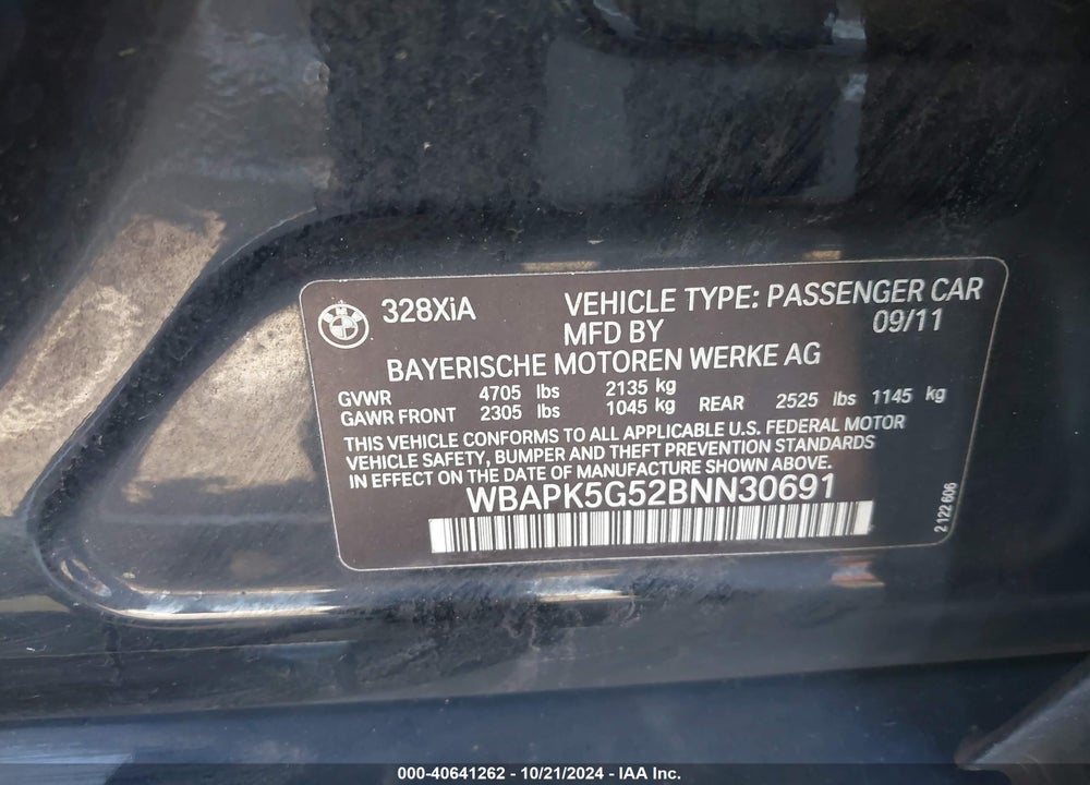 2011 BMW 328I XDRIVE VIN: WBAPK5G52BNN30691