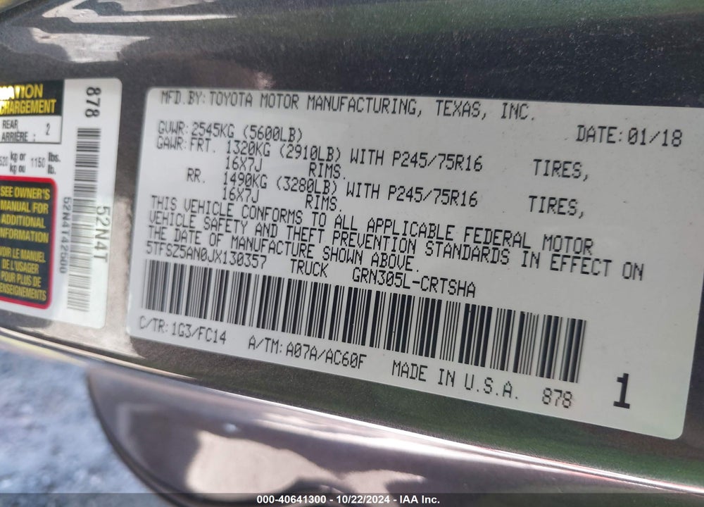 2018 TOYOTA TACOMA SR5 V6 VIN: 5TFSZ5AN0JX130357