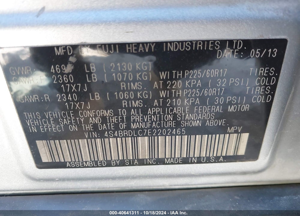 2014 SUBARU OUTBACK 3.6R LIMITED VIN: 4S4BRDLC7E2202465