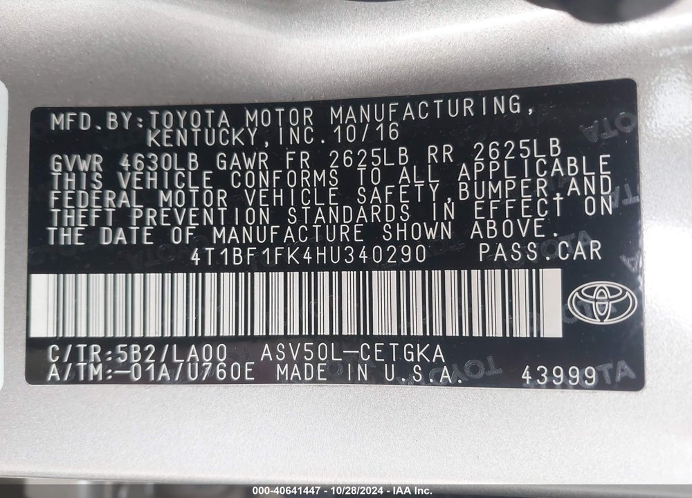 2017 TOYOTA CAMRY XLE VIN: 4T1BF1FK4HU340290