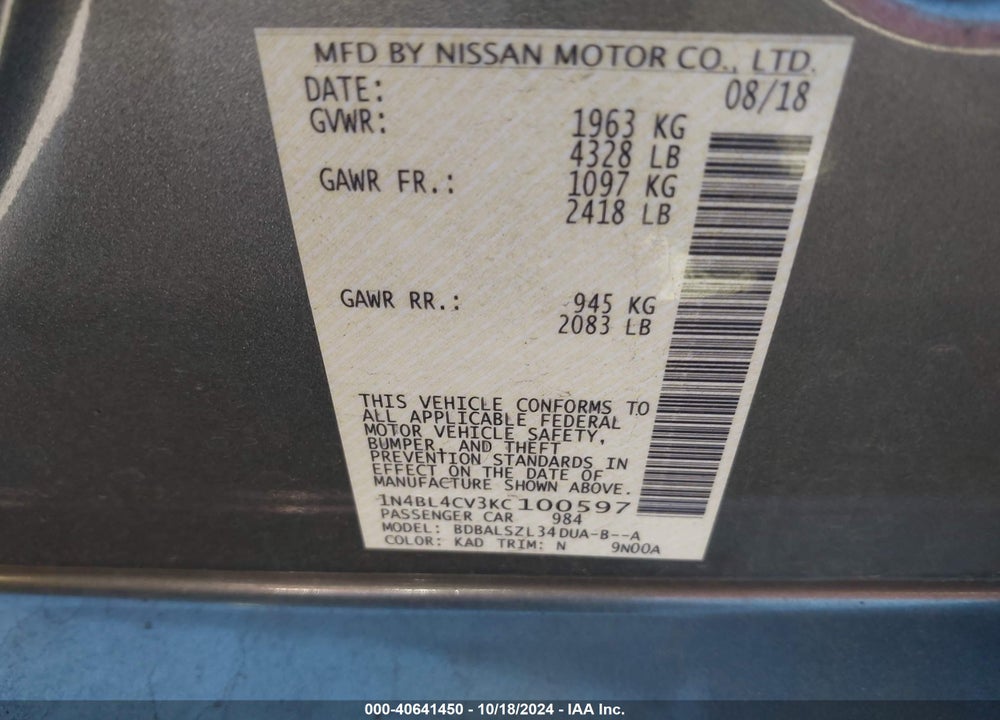 2019 NISSAN ALTIMA 2.5 SR VIN: 1N4BL4CV3KC100597