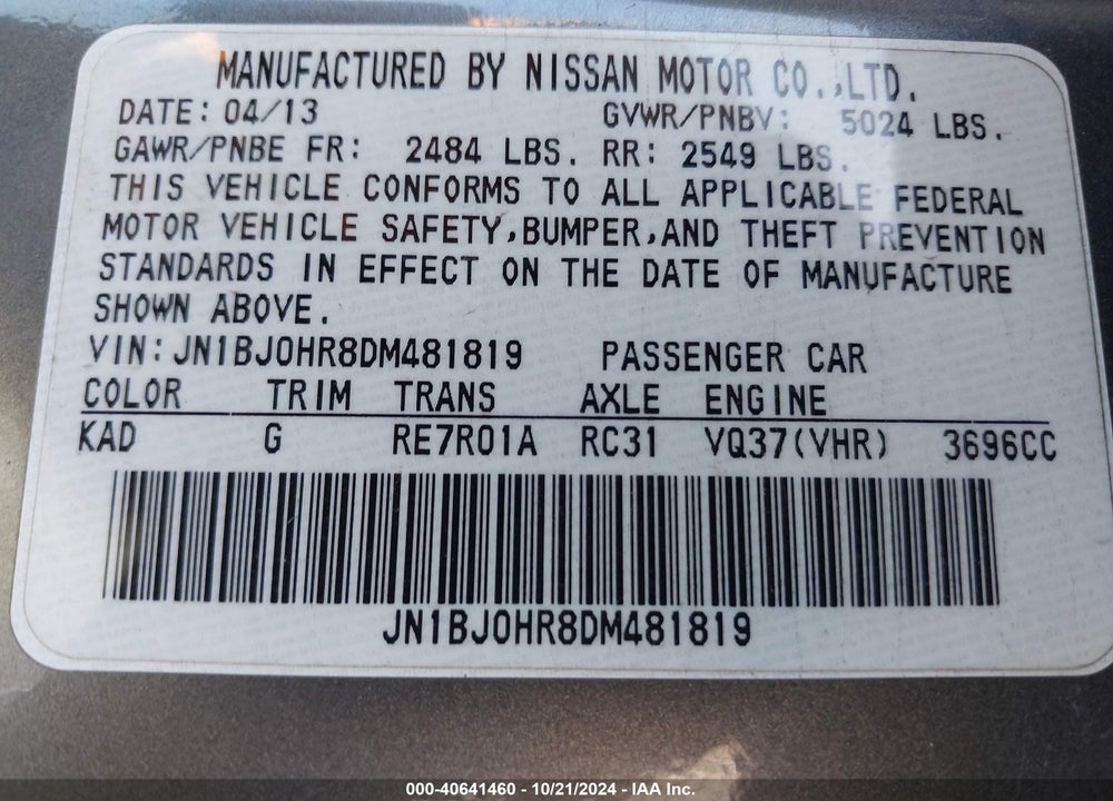 2013 INFINITI EX37 JOURNEY VIN: JN1BJ0HR8DM481819