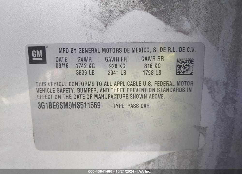 2017 CHEVROLET CRUZE VIN: 3G1BE6SM9HS511569