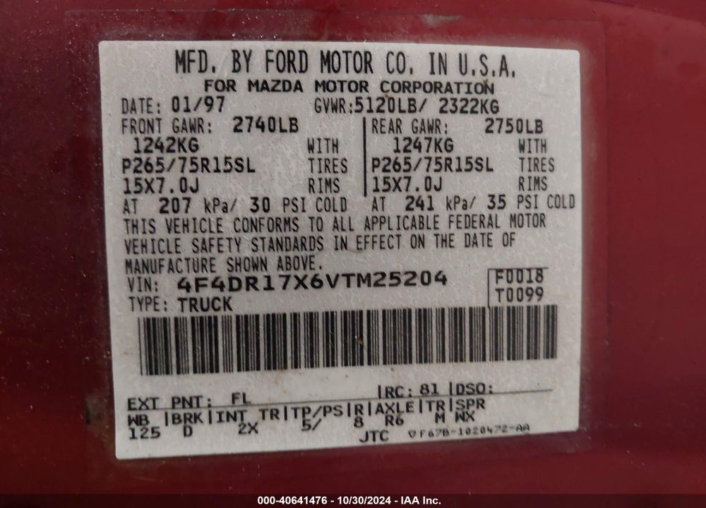 1997 MAZDA B4000 SE VIN: 4F4DR17X6VTM25204