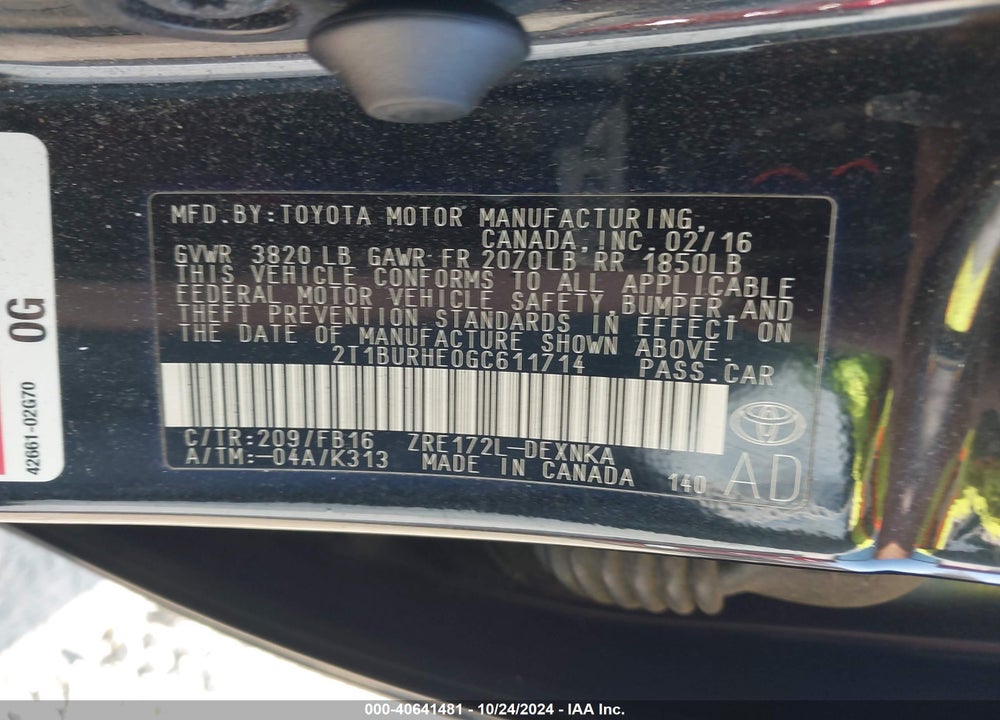 2016 TOYOTA COROLLA LE VIN: 2T1BURHE0GC611714