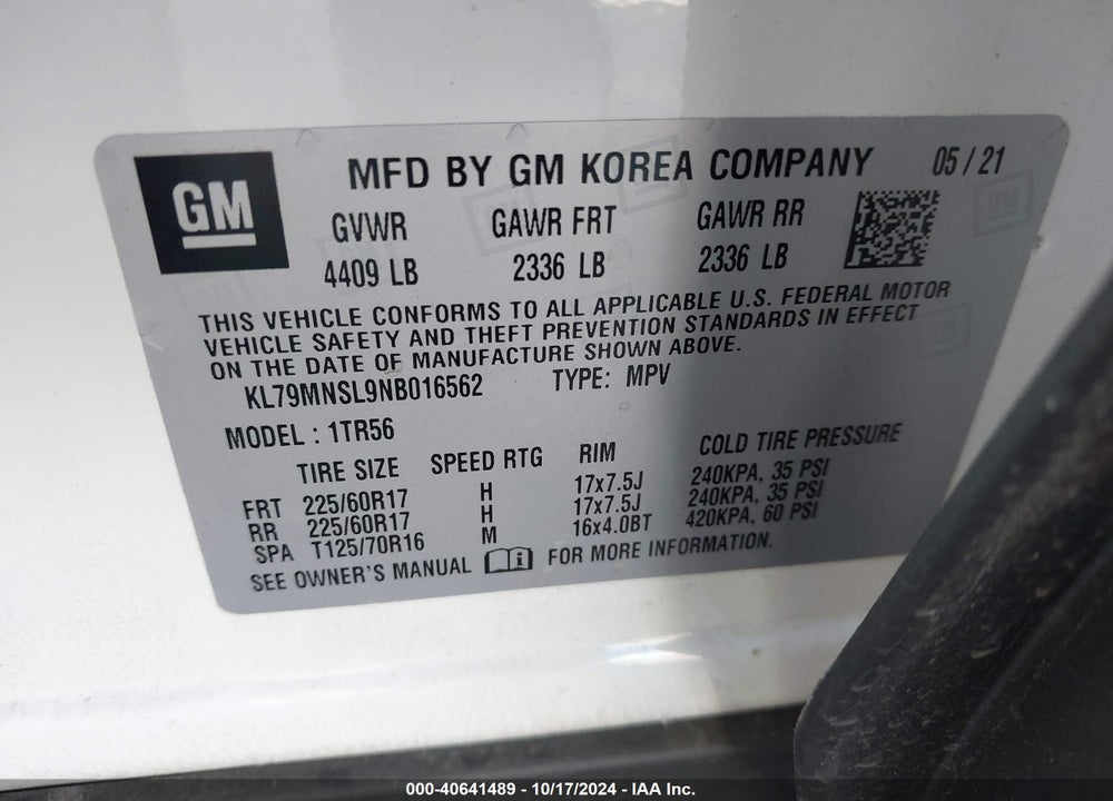 2022 CHEVROLET TRAILBLAZER AWD LS VIN: KL79MNSL9NB016562