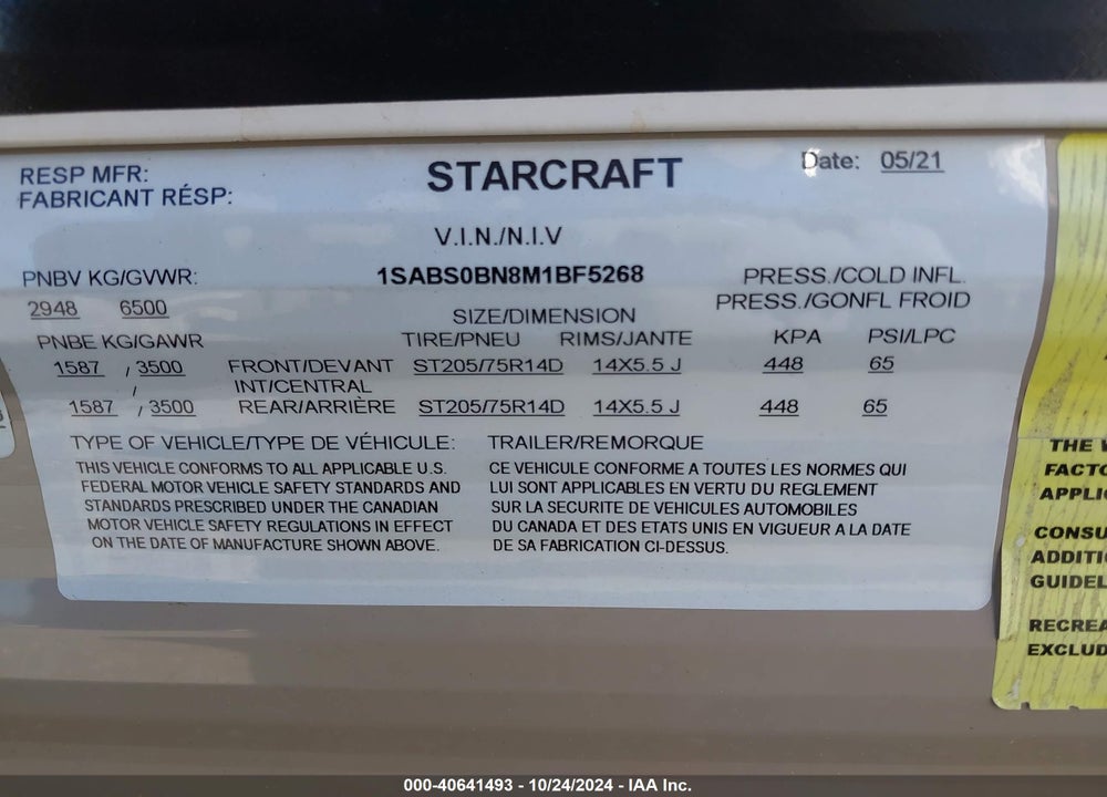 2021 STARCRAFT OTHER VIN: 1SABS0BN8M1BF5268