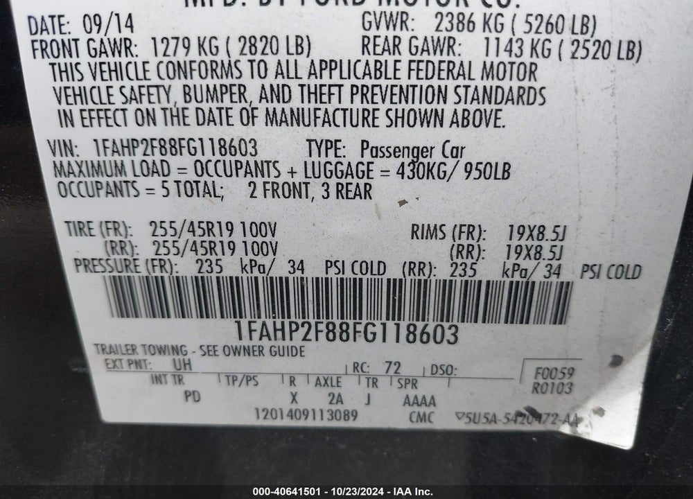 2015 FORD TAURUS LIMITED VIN: 1FAHP2F88FG118603