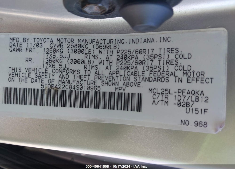 2004 TOYOTA SIENNA XLE LIMITED VIN: 5TDBA22C84S010965