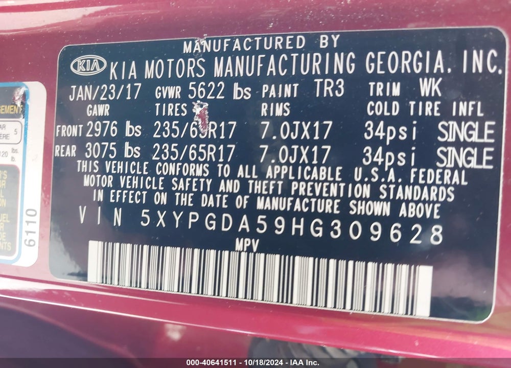 2017 KIA SORENTO 3.3L LX VIN: 5XYPGDA59HG309628