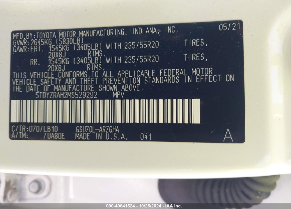 2021 TOYOTA HIGHLANDER LIMITED VIN: 5TDYZRAH2MS529292