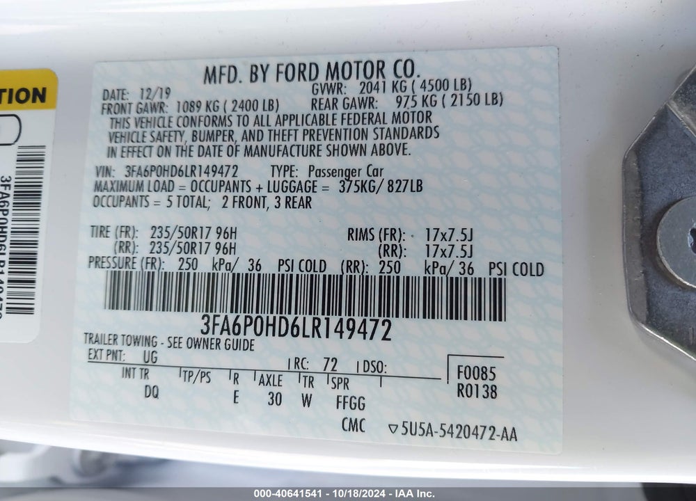 2020 FORD FUSION SE VIN: 3FA6P0HD6LR149472