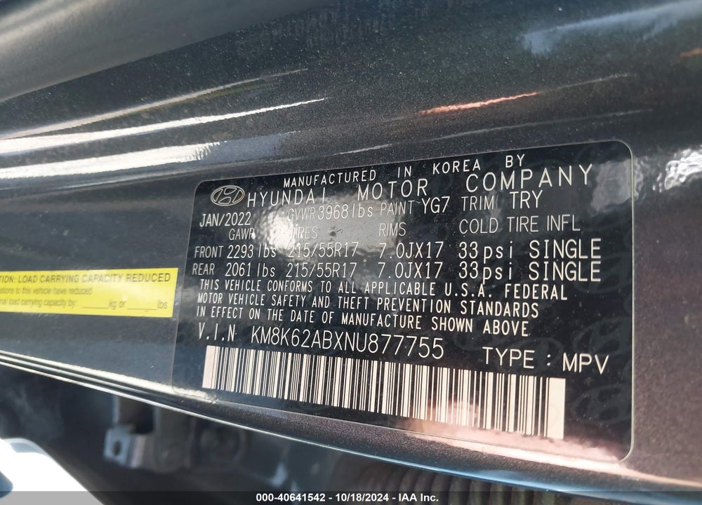 2022 HYUNDAI KONA SEL VIN: KM8K62ABXNU877755