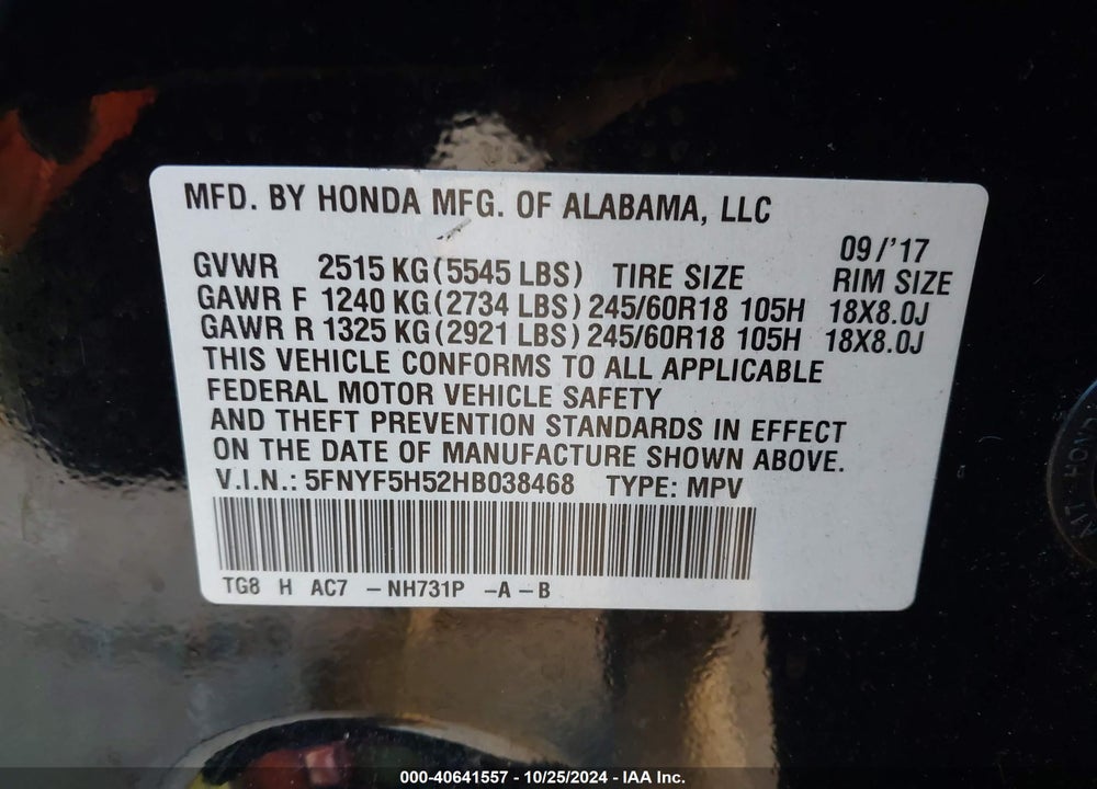 2017 HONDA PILOT EX-L VIN: 5FNYF5H52HB038468