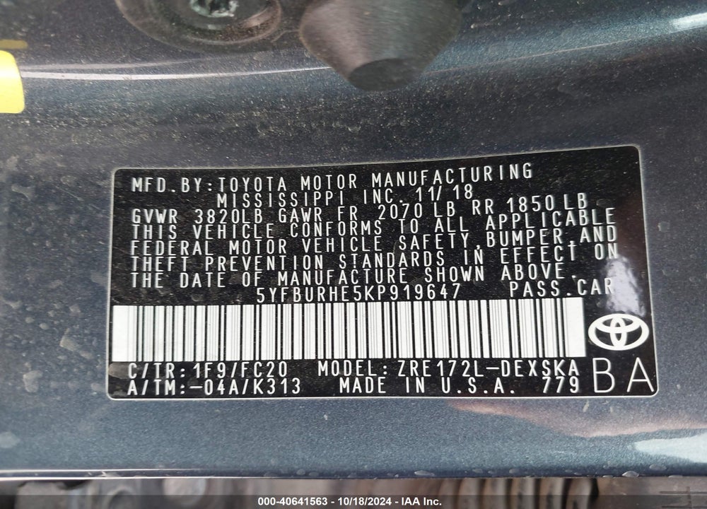 2019 TOYOTA COROLLA SE VIN: 5YFBURHE5KP919647