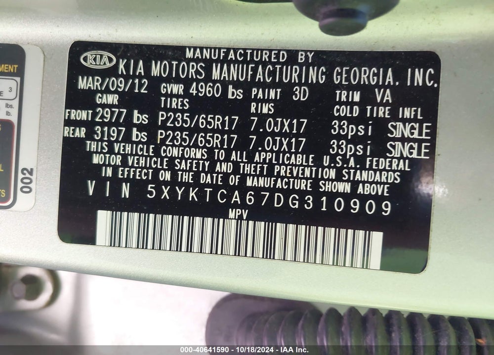 2013 KIA SORENTO LX VIN: 5XYKTCA67DG310909