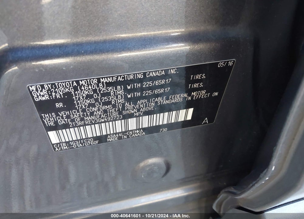 2016 TOYOTA RAV4 XLE VIN: 2T3RFREV3GW492723