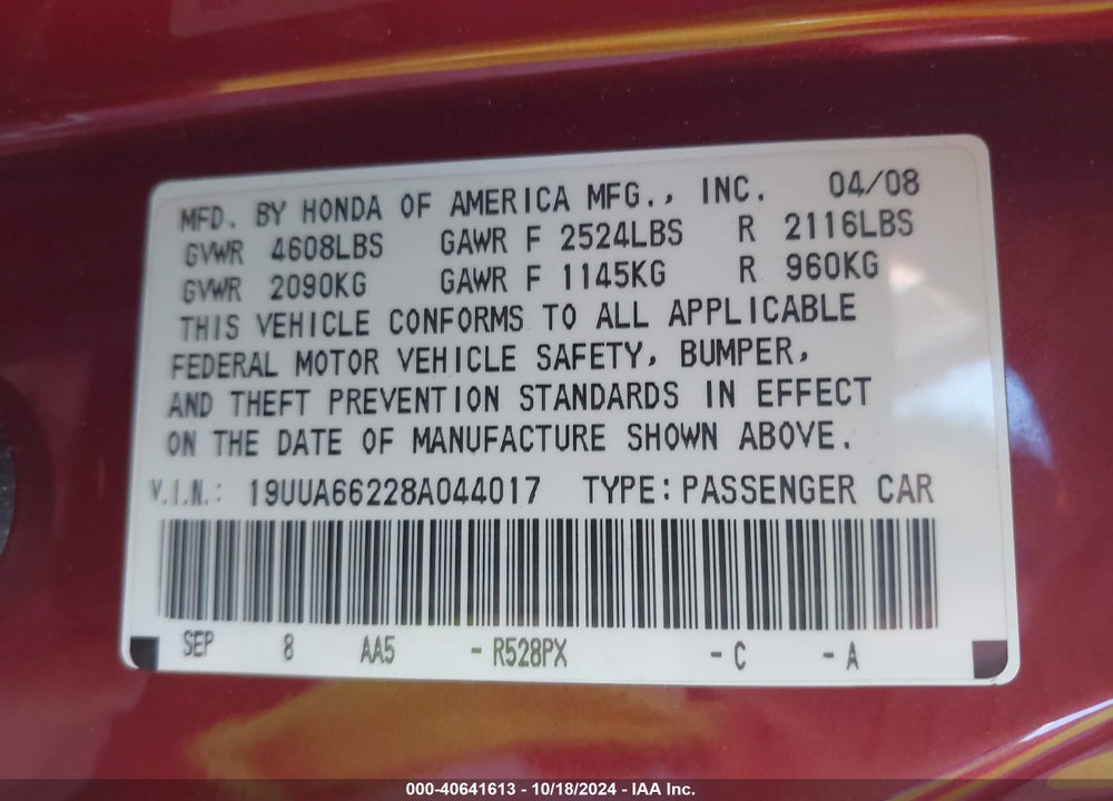 2008 ACURA TL 3.2 VIN: 19UUA66228A044017