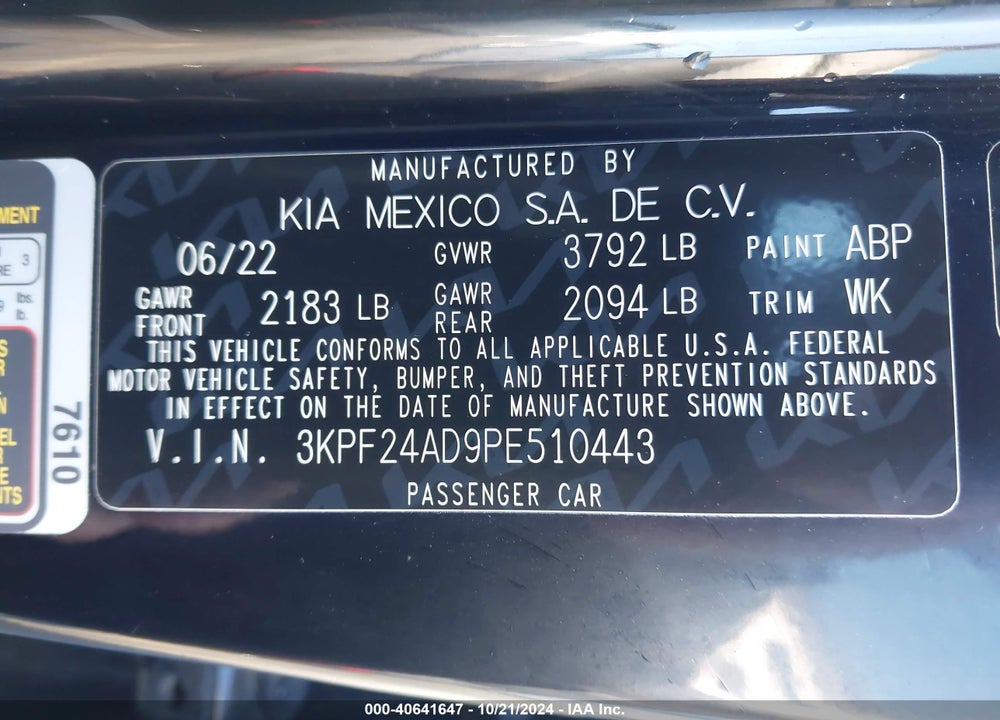 2023 KIA FORTE LXS VIN: 3KPF24AD9PE510443