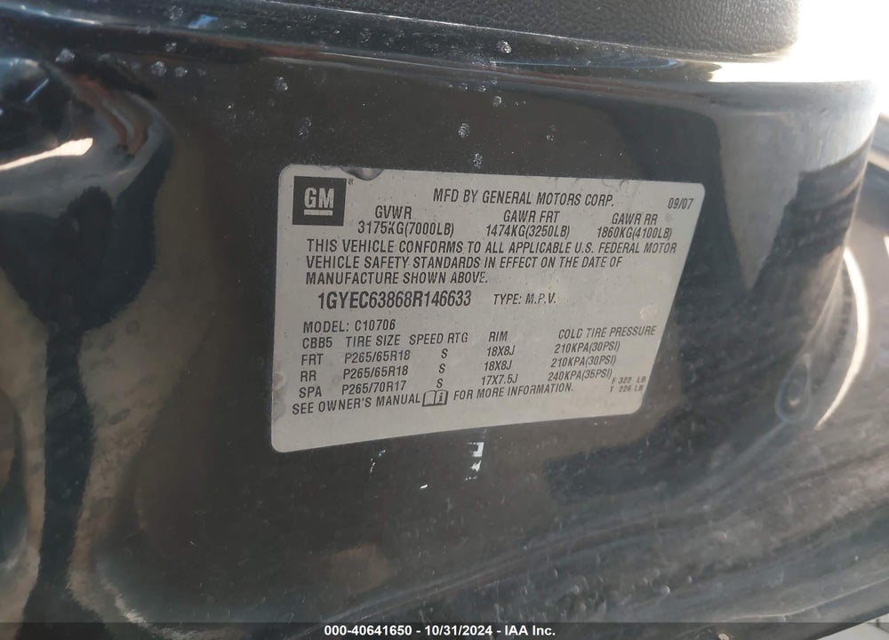 2008 CADILLAC ESCALADE STANDARD VIN: 1GYEC63868R146633