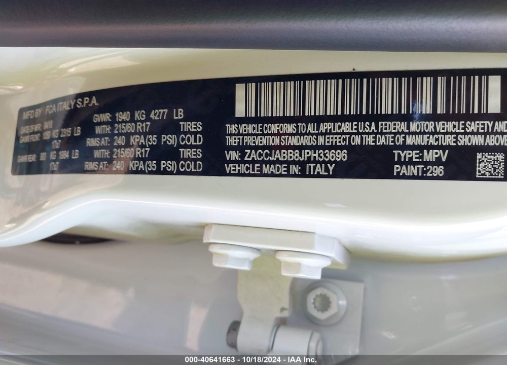 2018 JEEP RENEGADE LATITUDE FWD VIN: ZACCJABB8JPH33696